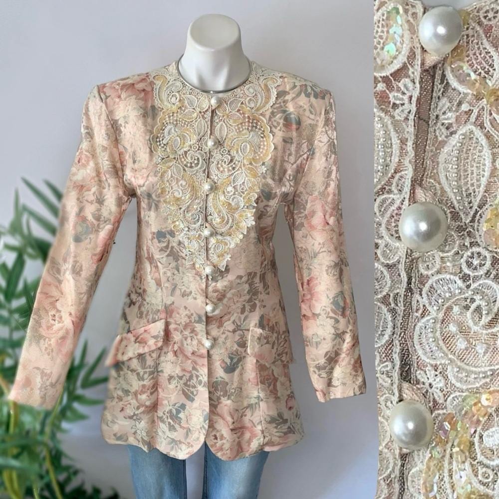 Vintage Floral Lace Blazer - Pink and Cream